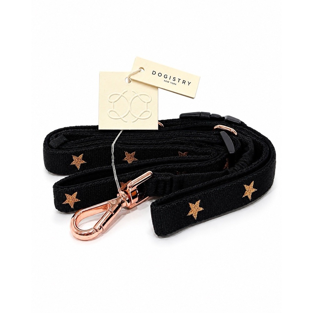 Dogistry New York Rockstar Dog Leash Black Gold Stars Rose Gold Hardware M NWT